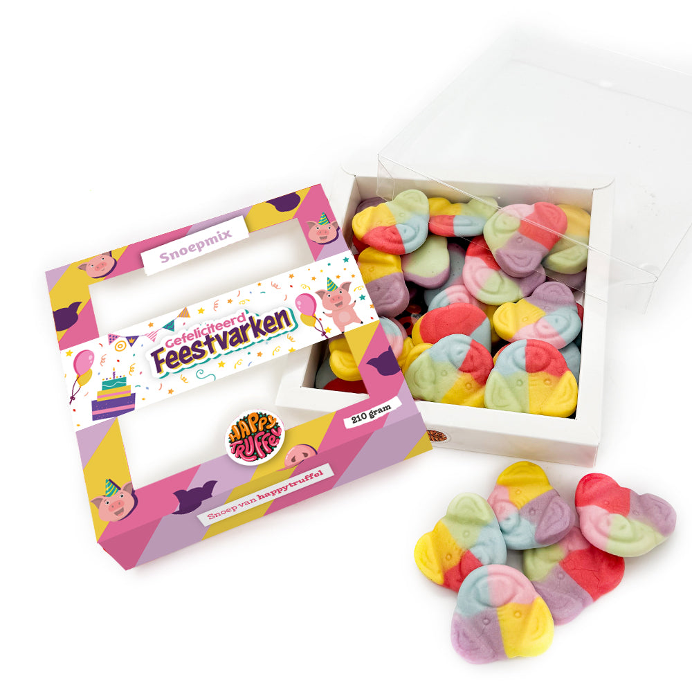 Snoeppakket “Gefeliciteerd Feestvarken” Biggetjes snoep (210 gram) personaliseren