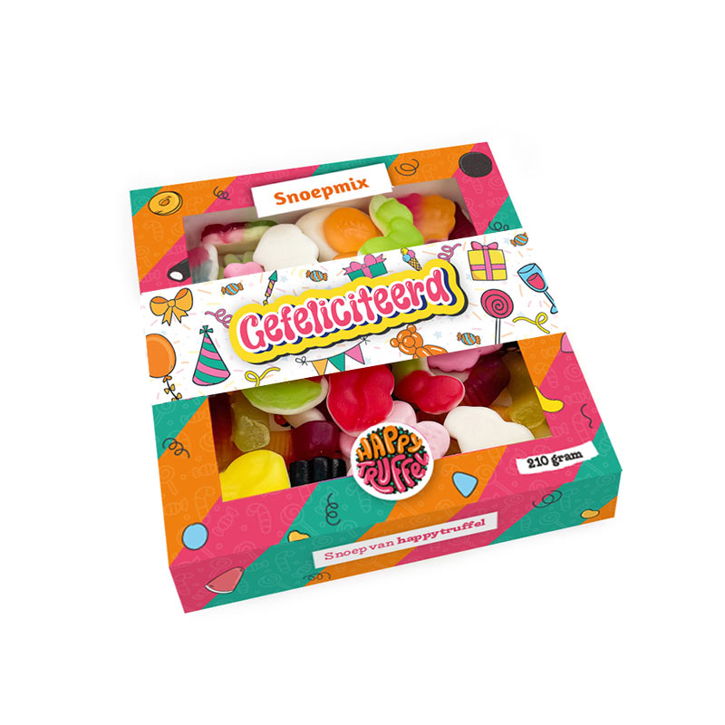 Snoeppakket “Van harte gefeliciteerd” mixsnoep (210 gram) personaliseren