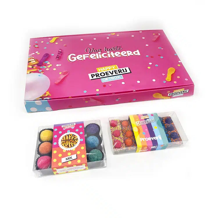 Chocolade giftbox - Van harte Gefeliciteerd - Chocoladetruffel / Chocoladereep mix