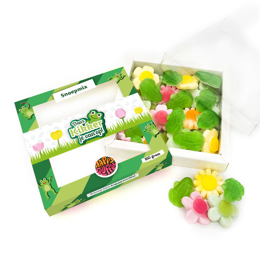 Snoeppakket “Daar Kikker je van op!” Kikker-Bloemen snoep (210 gram) personaliseren