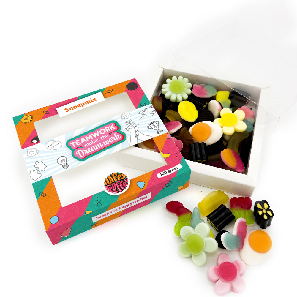 Snoeppakket “Teamwork makes the Dream work” mix snoep (210 gram) personaliseren