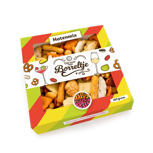 Borrelpakket “Tijd voor een Borreltje” borrelmix (120 gram) personaliseren