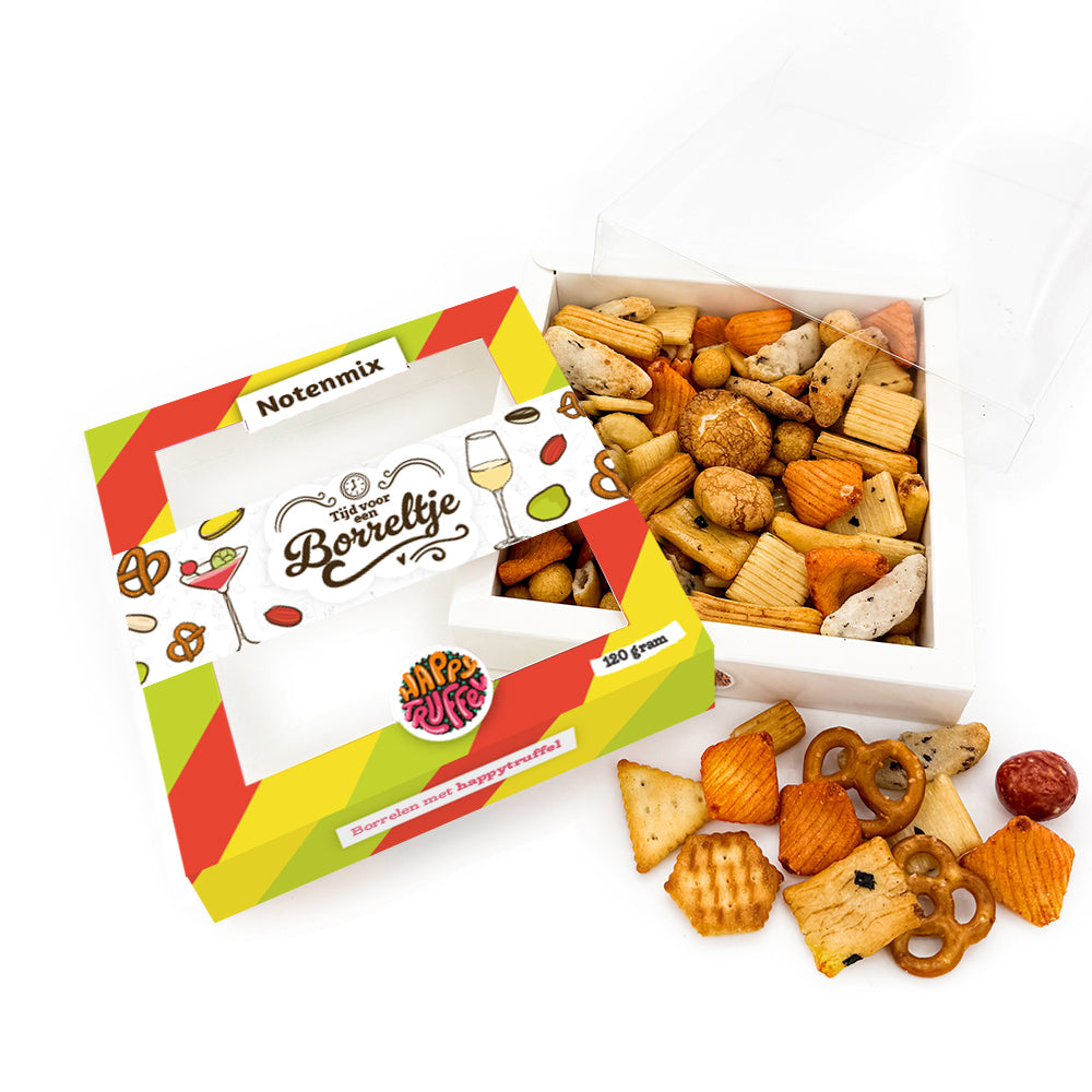 Borrelpakket “Tijd voor een Borreltje” borrelmix (120 gram) personaliseren