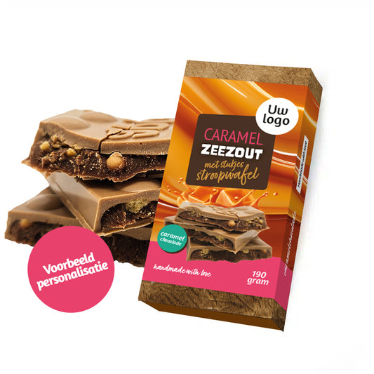 Luxe chocoladereep Caramelchocolade met zeezout en stroopwafelstukjes (190 gram) personaliseren