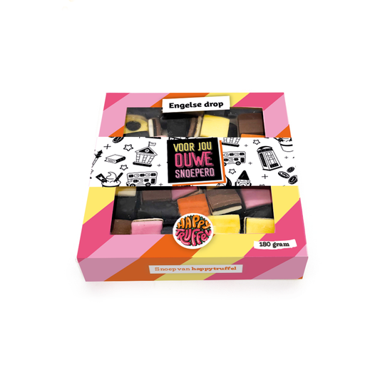 Snoeppakket “Voor jou ouwe snoeperd” Engelse drop (210 gram)