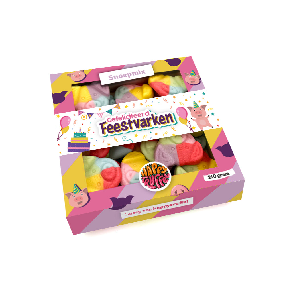 Snoeppakket “Gefeliciteerd Feestvarken” Biggetjes snoep (210 gram) personaliseren