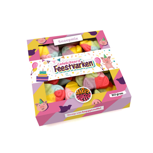 Snoeppakket “Gefeliciteerd Feestvarken” Biggetjes snoep (210 gram) personaliseren