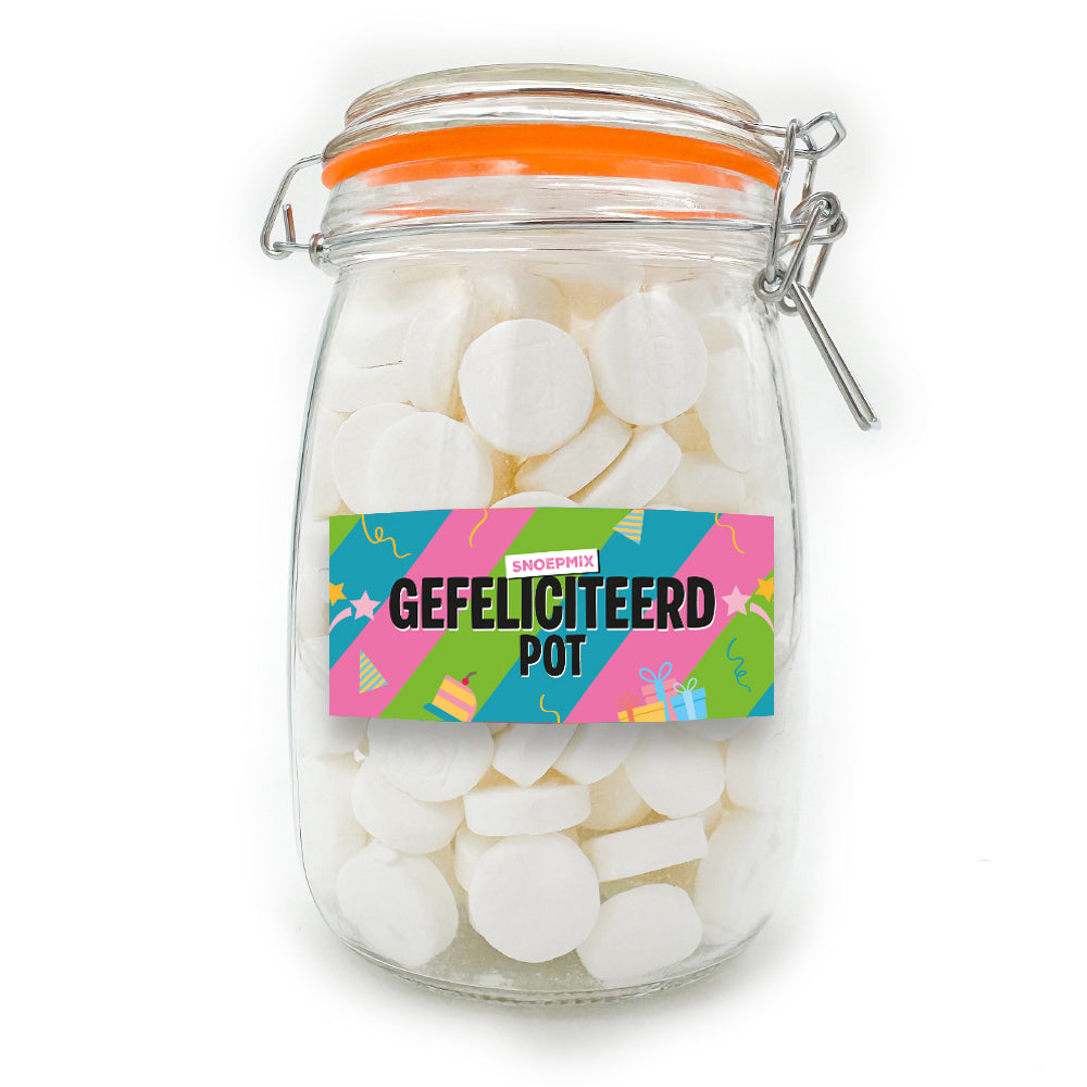 Snoeppot weck “Gefeliciteerd Pot” (1000 ml)