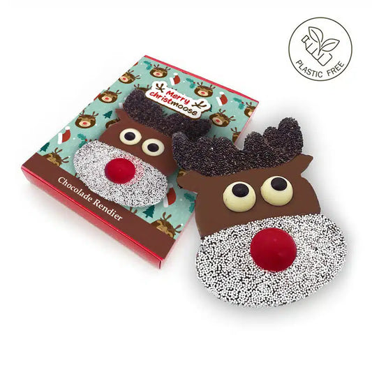 Chocolade Rendier "Merry Christmoose" (200 gram) [Plasticvrij]