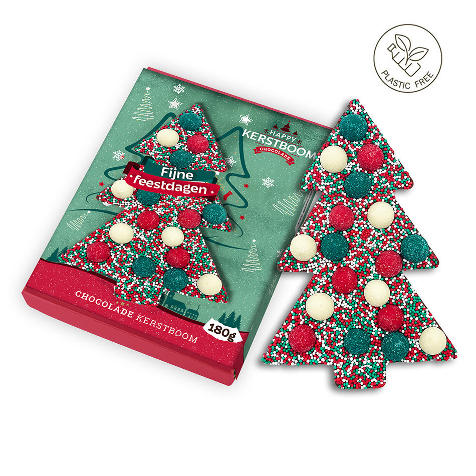 Chocolade kerstboom "Fijne feestdagen" (190 gram) [Plasticvrij]