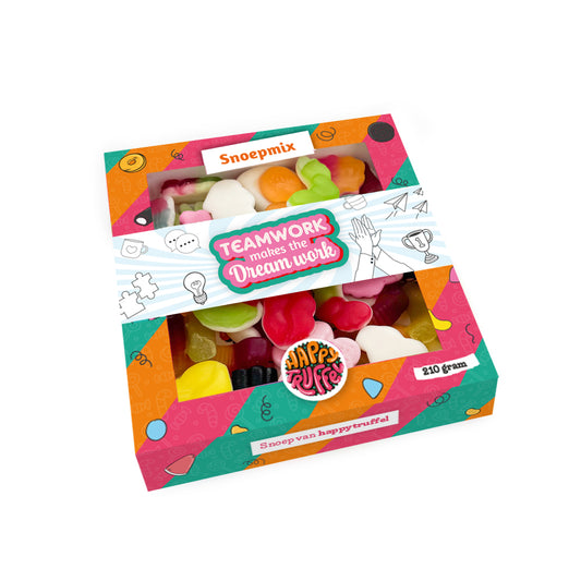 Snoeppakket “Teamwork makes the Dream work” mix snoep (210 gram) personaliseren